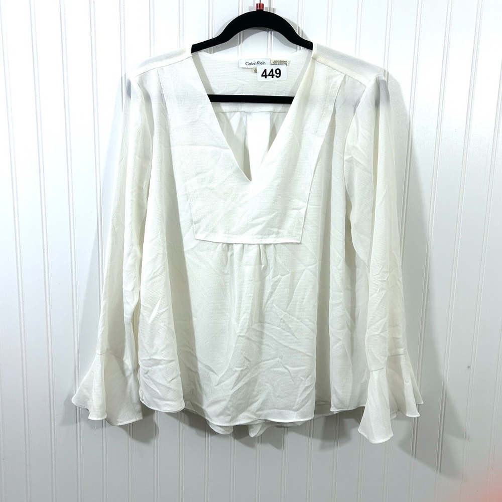 Calvin Klein Long Sleeve Blouse Chiffon V Neck Womens Size XL Flared Sleeve